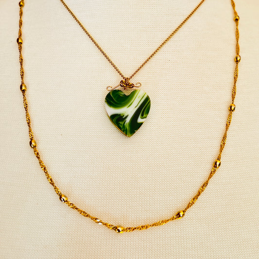 Vintage necklace set with marbled green glass heart pendant and signed Napier gold rope chain