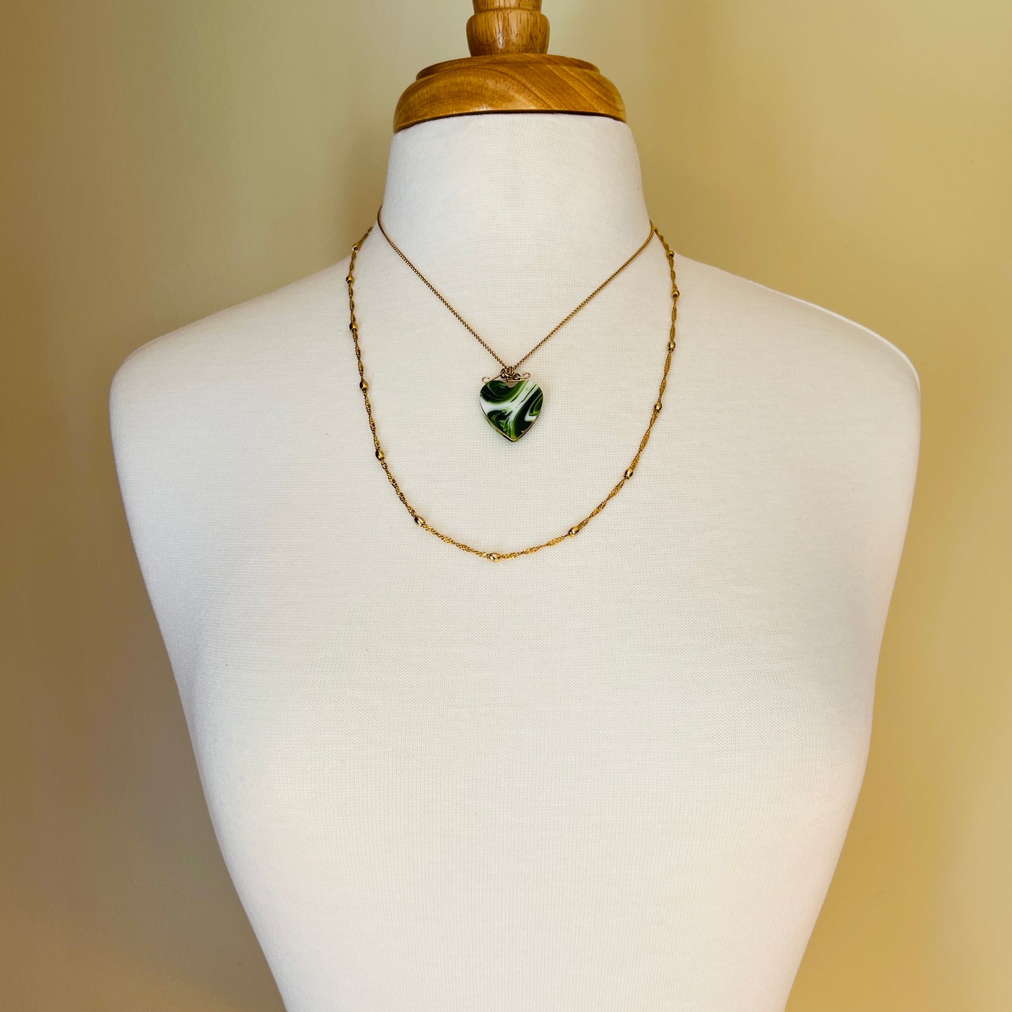 Vintage necklace set with marbled green glass heart pendant and signed Napier gold rope chain