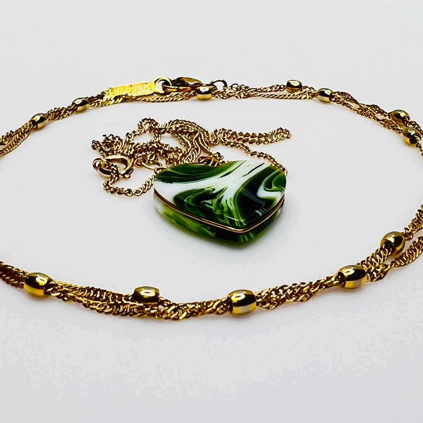 Vintage necklace set with marbled green glass heart pendant and signed Napier gold rope chain