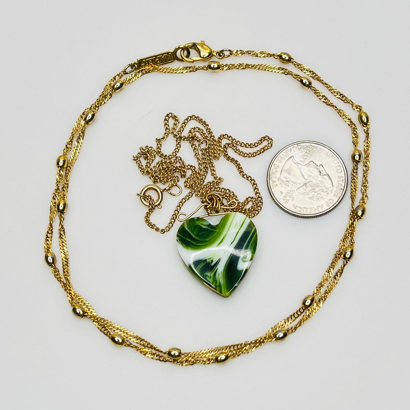 Vintage necklace set with marbled green glass heart pendant and signed Napier gold rope chain