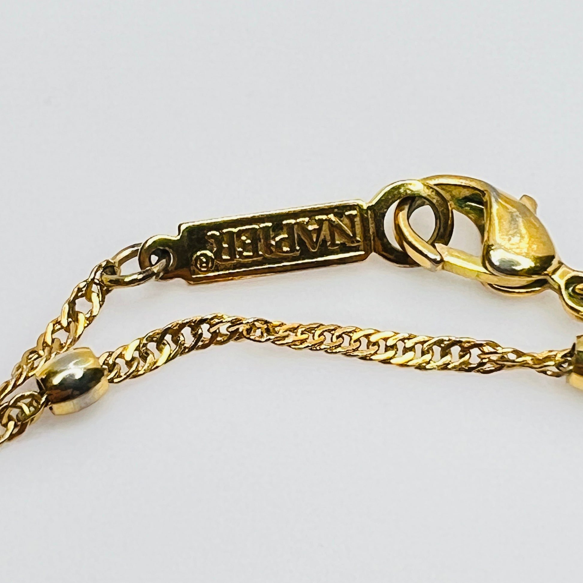 Vintage necklace set with marbled green glass heart pendant and signed Napier gold rope chain