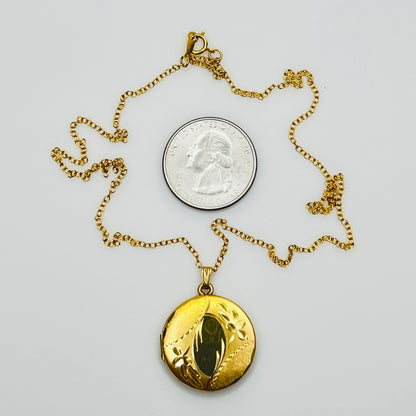 Vintage gold filled floral etched locket necklace round pendant