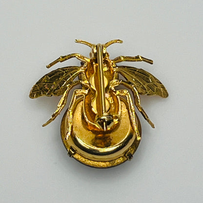 Gold-tone bee brooch with black faceted rhinestones, vintage insect pin