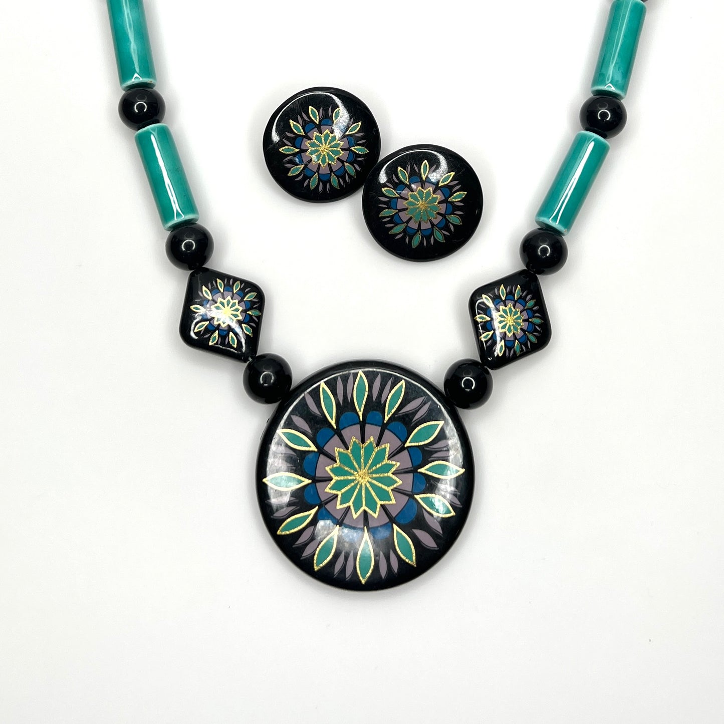 Vintage 1980s hand-painted statement necklace and earring set with turquoise ceramic beads and floral motifs