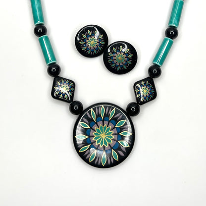Vintage 1980s hand-painted statement necklace and earring set with turquoise ceramic beads and floral motifs