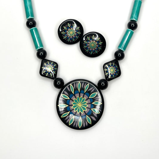 Vintage 1980s hand-painted statement necklace and earring set with turquoise ceramic beads and floral motifs