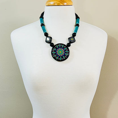 Artisan-style 1980s mixed media statement necklace with hand-painted pendant and turquoise beads