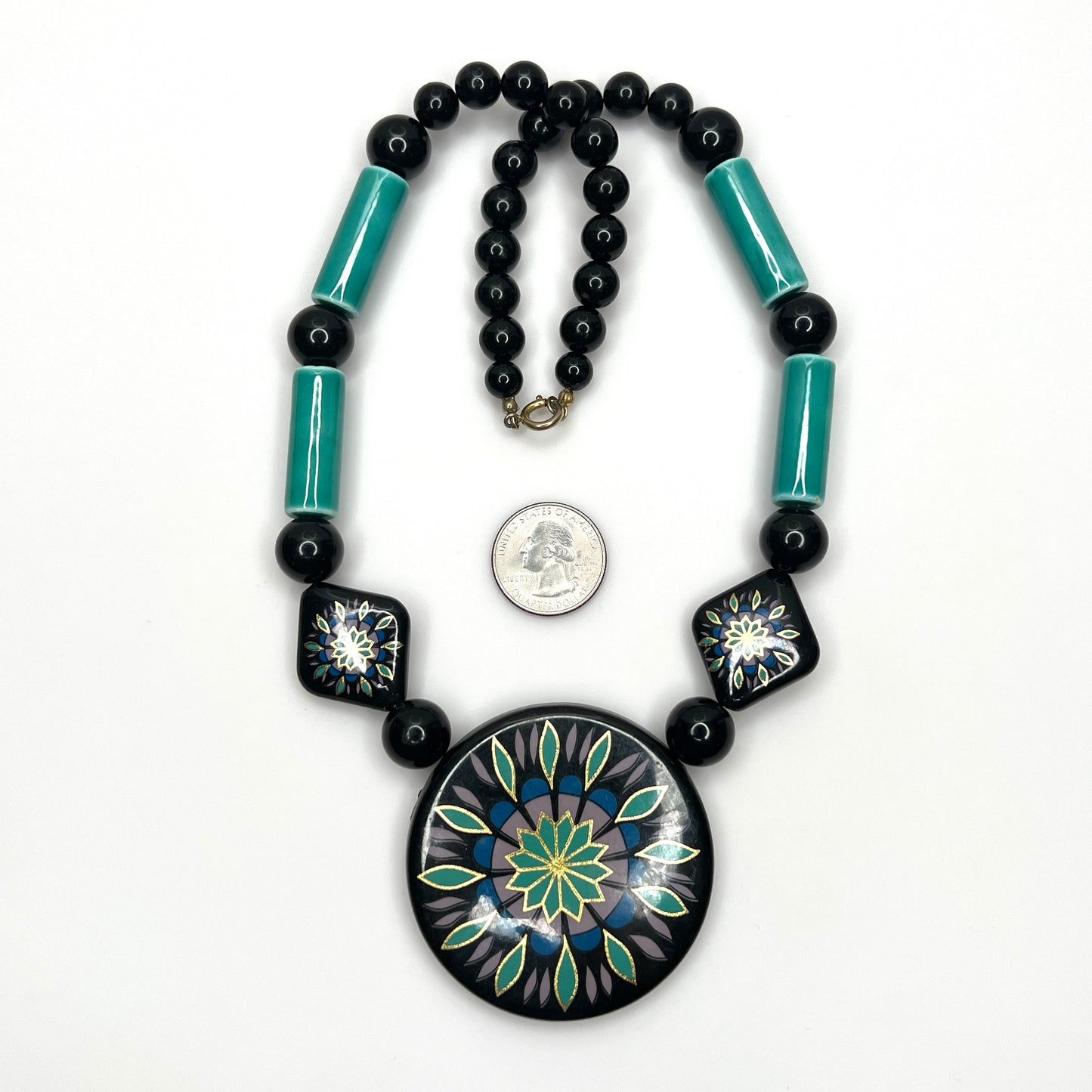 Vintage hand-painted necklace set with wood pendant, ceramic tube beads, and matching earrings