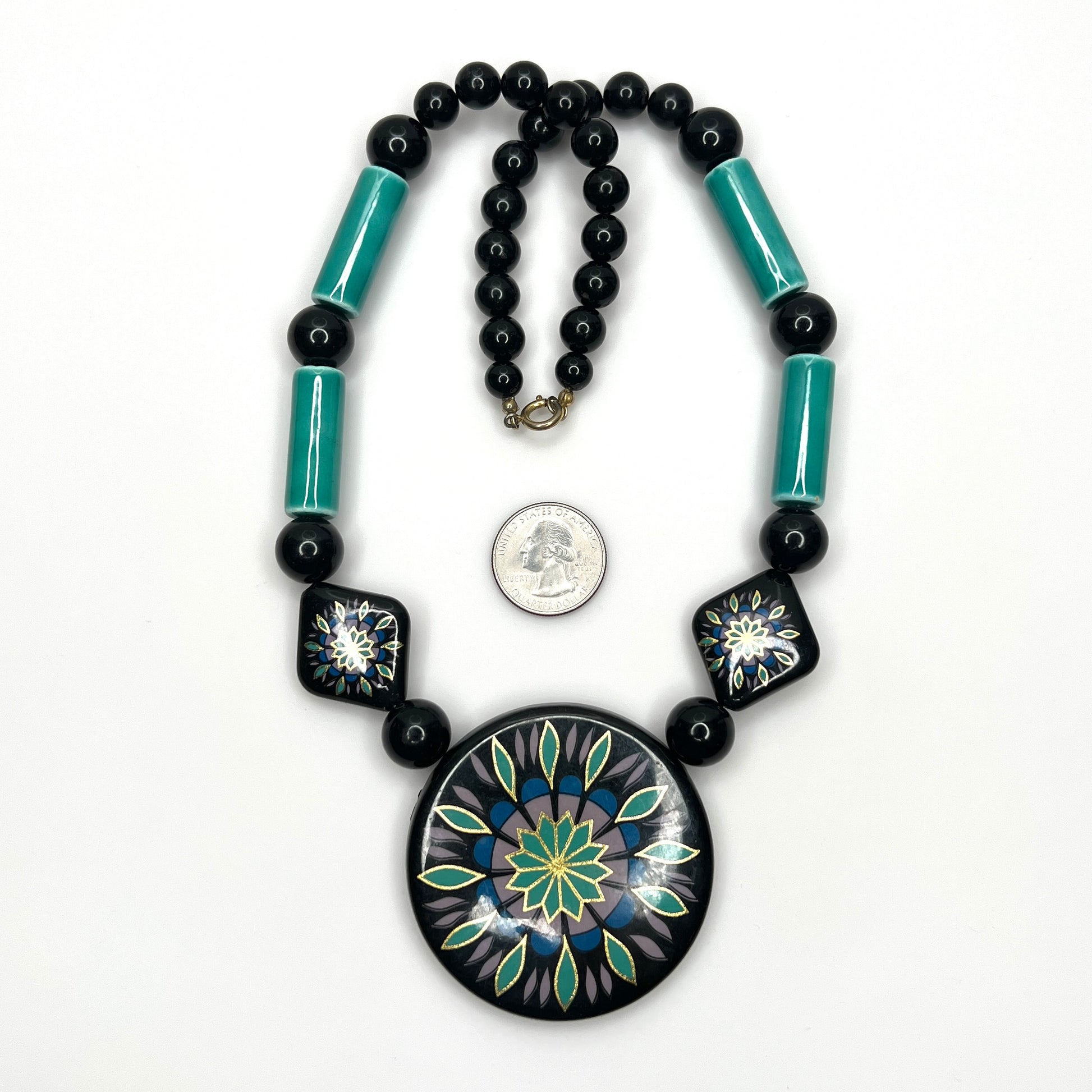 Vintage hand-painted necklace set with wood pendant, ceramic tube beads, and matching earrings