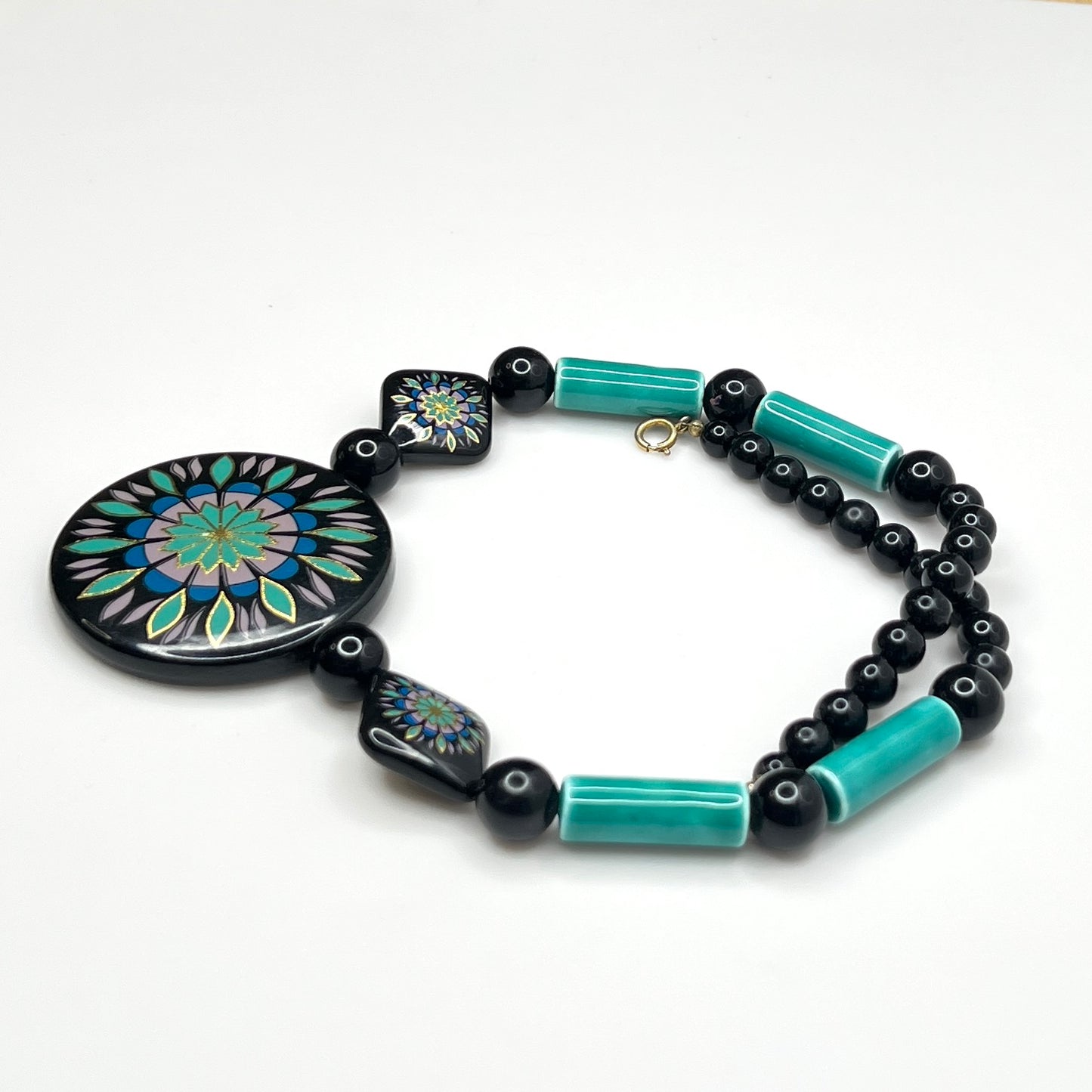 Artisan-style 1980s mixed media statement necklace with hand-painted pendant and turquoise beads
