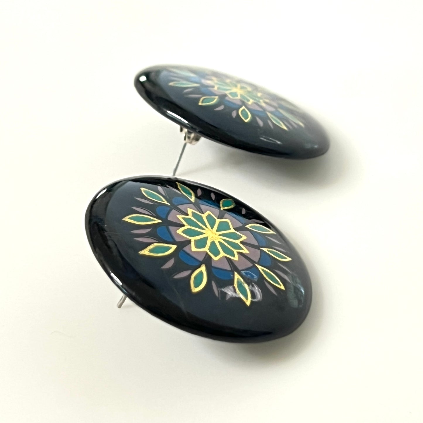Vintage 1980s hand-painted statement earrings with geometric floral mandala design