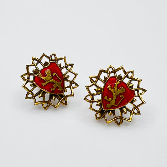 Vintage gold tone heraldic lion enamel screw back earrings