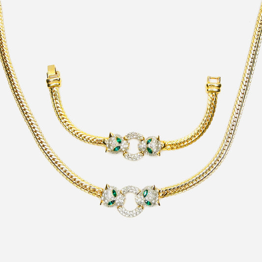 Vintage necklace and bracelet set with rhinestone panther heads and gold herringbone chains