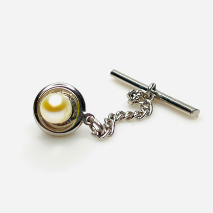 Vintage Hickok USA genuine pearl tie tack with silver tone chain and toggle clasp