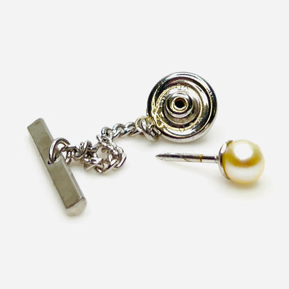 Vintage Hickok pearl tie tack showing chain and toggle fastening