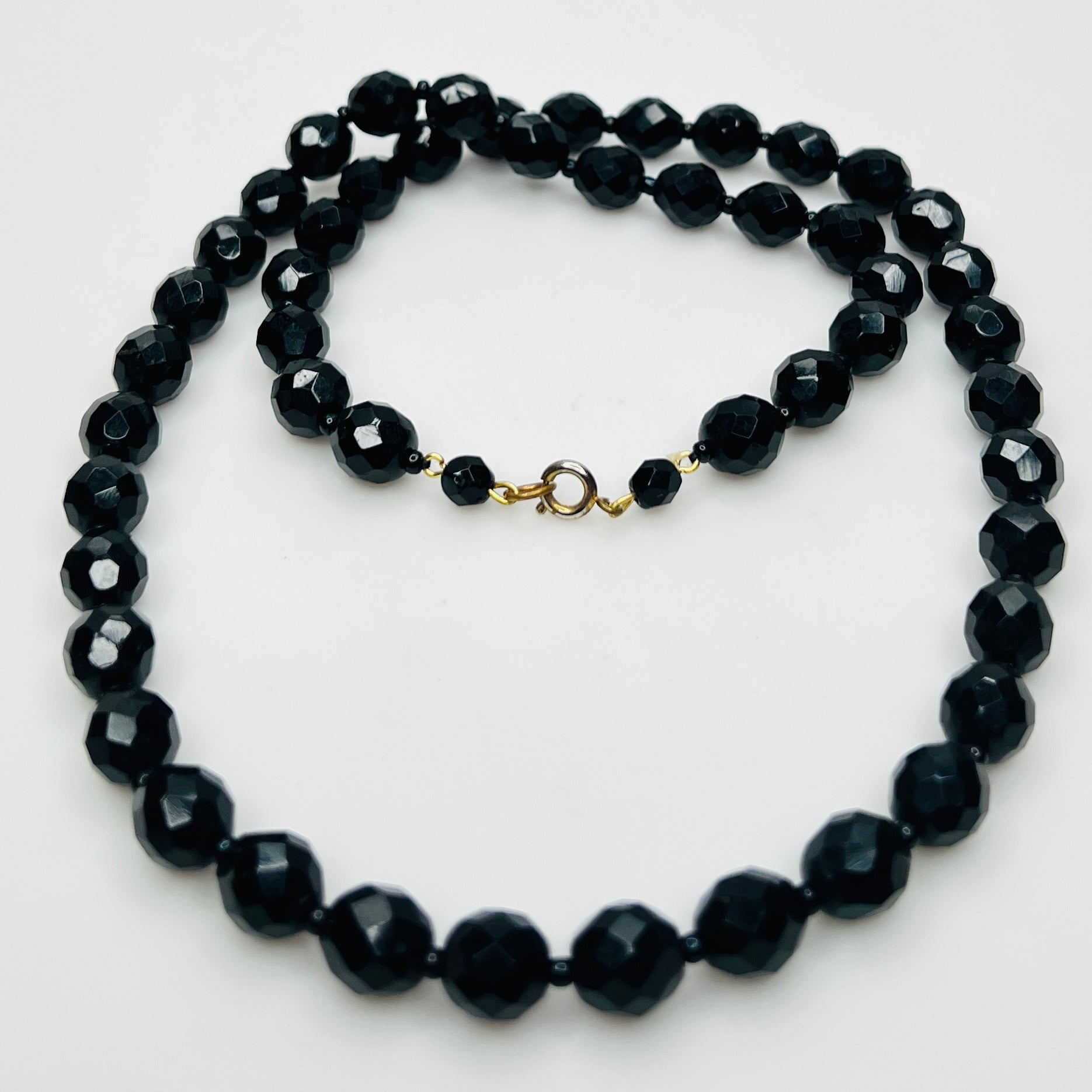 Vintage black faceted glass bead necklace strand detail