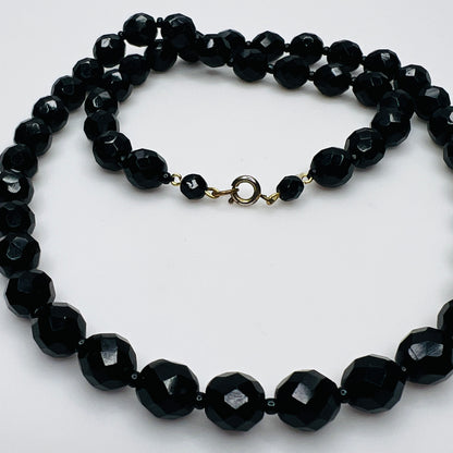 Vintage black faceted glass bead necklace strand detail