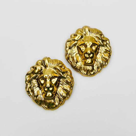 Vintage oversized gold tone lion head statement stud earrings