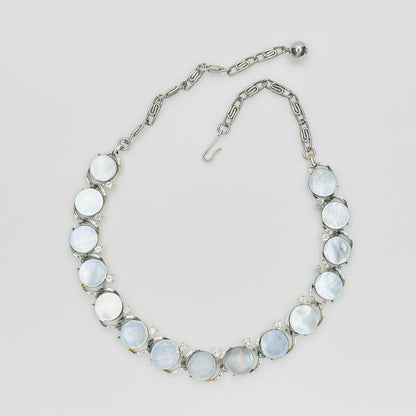 Vintage 1950s Lisner mother of pearl choker necklace with clear rhinestone accents