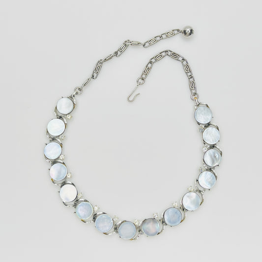 Vintage 1950s Lisner mother of pearl choker necklace with clear rhinestone accents