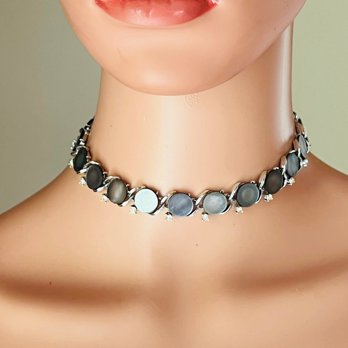Vintage 1950s Lisner mother of pearl choker necklace with clear rhinestone accents