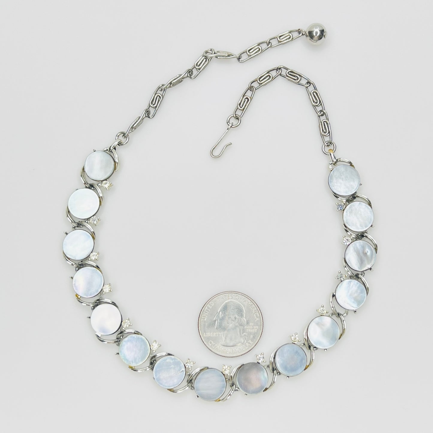 Signed Lisner gray mother of pearl and rhinestone choker necklace with adjustable chain