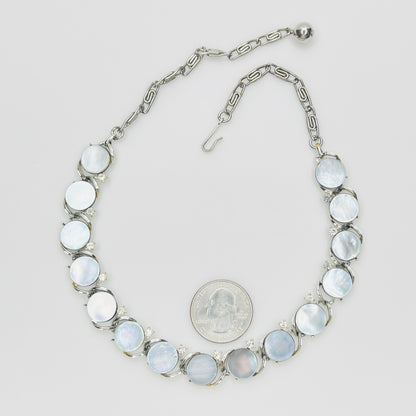 Signed Lisner gray mother of pearl and rhinestone choker necklace with adjustable chain