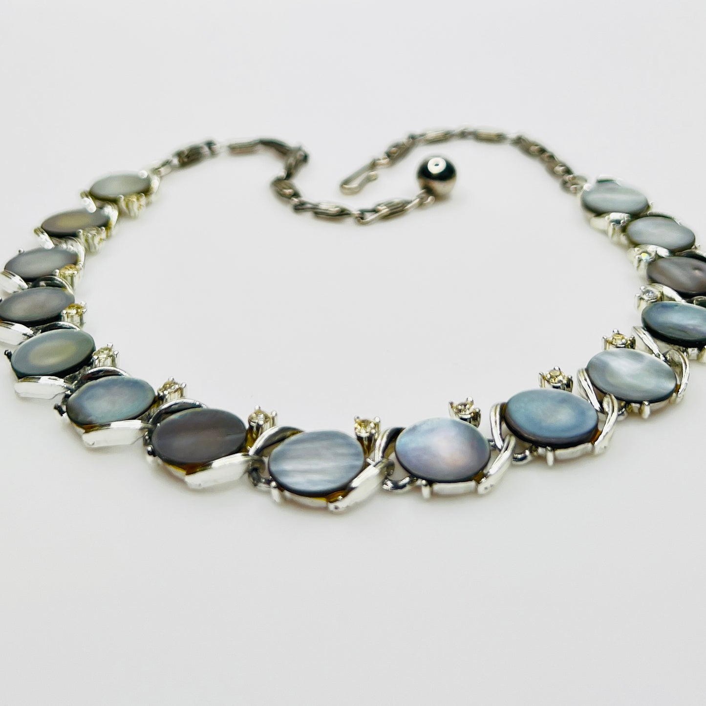 Signed Lisner gray mother of pearl and rhinestone choker necklace with adjustable chain