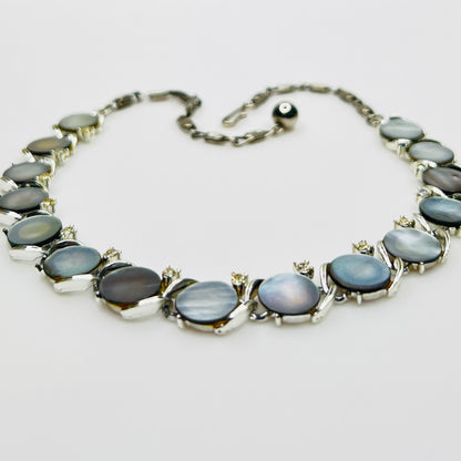 Signed Lisner gray mother of pearl and rhinestone choker necklace with adjustable chain