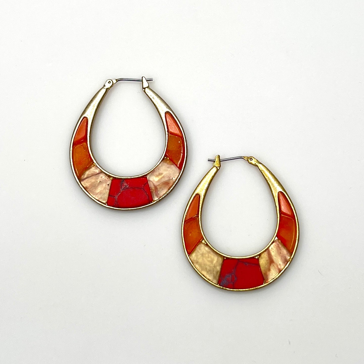 Vintage Liz Claiborne gold tone hoop earrings with red and orange enamel inlay