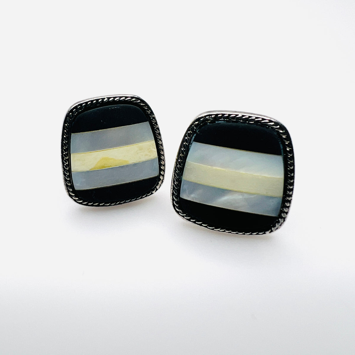 Vintage Monet black onyx and mother of pearl striped silver-tone clip-on earrings