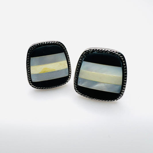 Vintage Monet black onyx and mother of pearl striped silver-tone clip-on earrings
