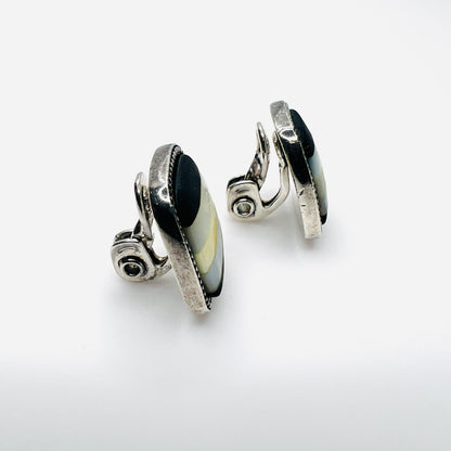 Side view of vintage Monet inlay clip-on earrings showing silver-tone clips