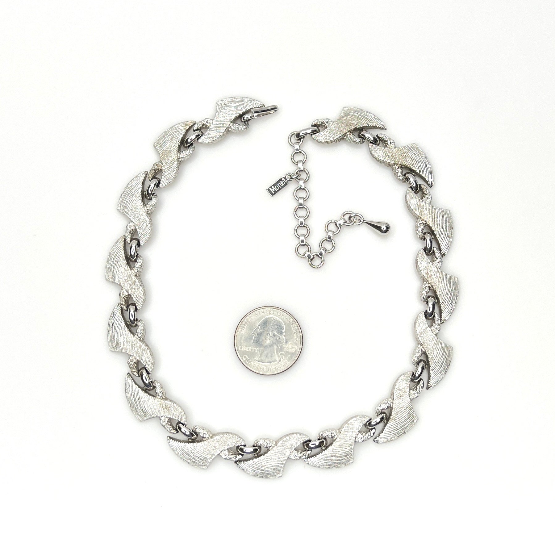 Vintage 1960s Monet textured silver tone choker with extender chain