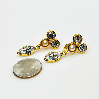 Napier rhinestone and faux pearl dangle clip-on earrings with quarter for scale
