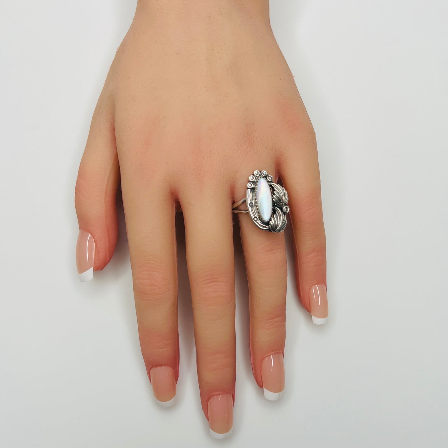 Maria Platero sterling silver pearl ring on hand