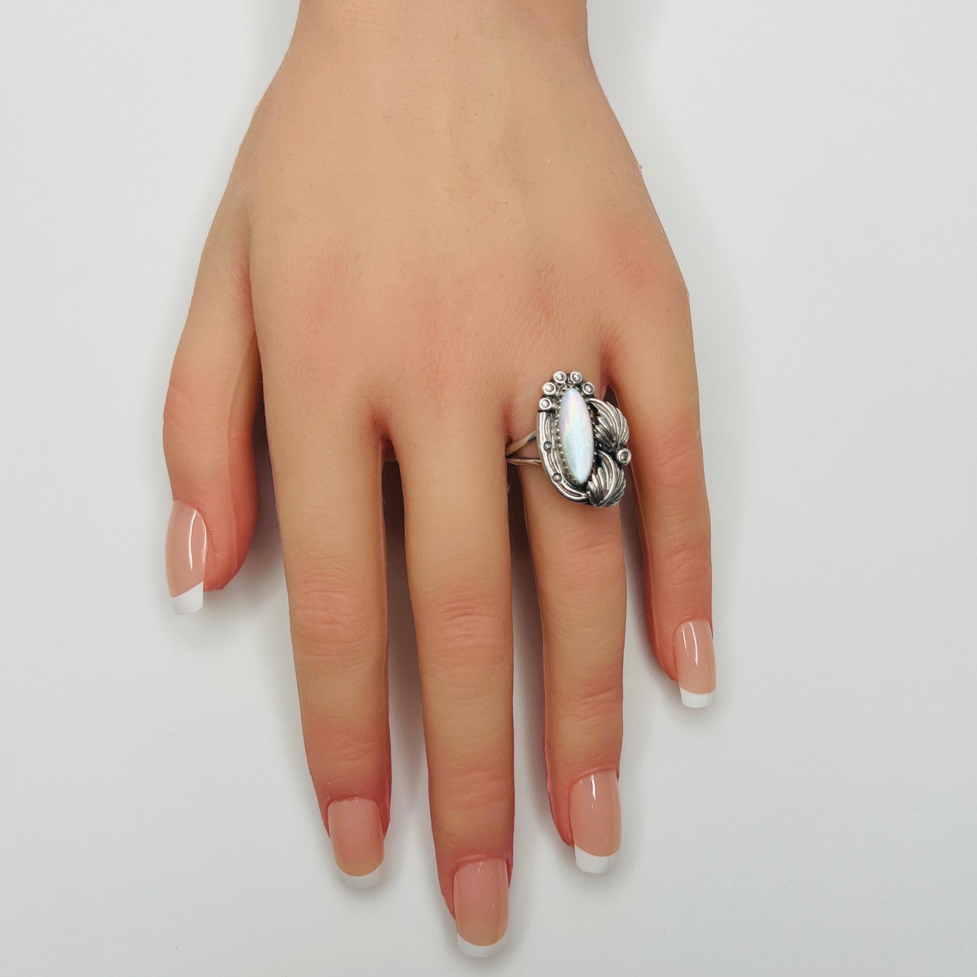 Maria Platero sterling silver pearl ring on hand