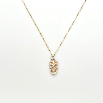 Vintage enamel sugar skull pendant necklace with white and rose gold details on gold-filled chain.
