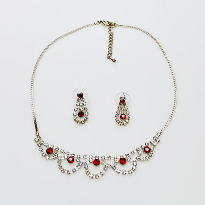 Vintage ruby red rhinestone necklace and earring set