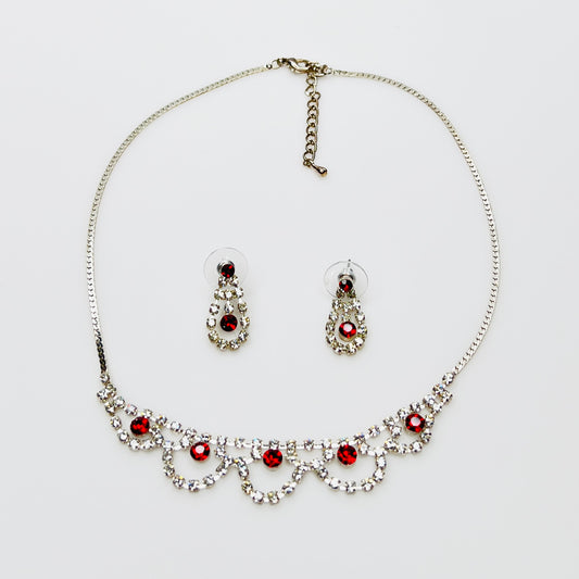 Vintage ruby red rhinestone necklace and earring set