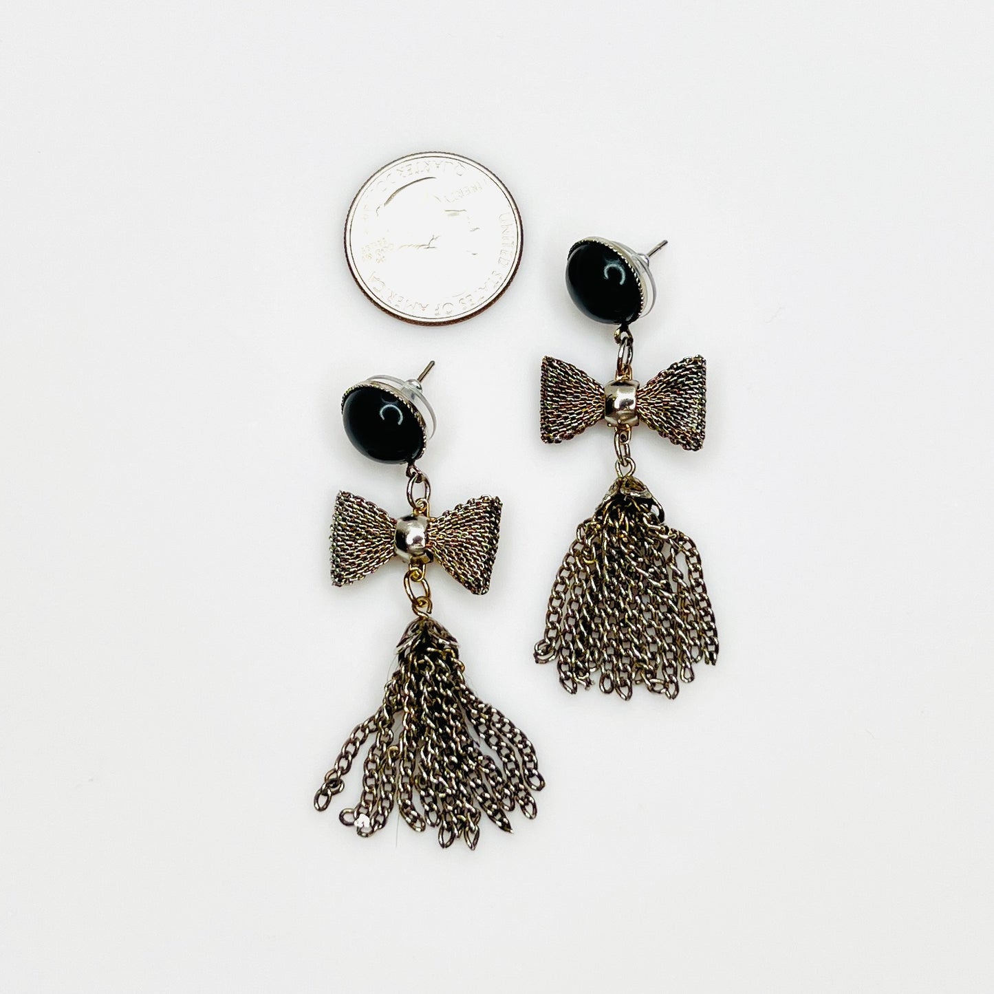 Vintage silver mesh bow tassel earrings with jet black acrylic studs and post backs