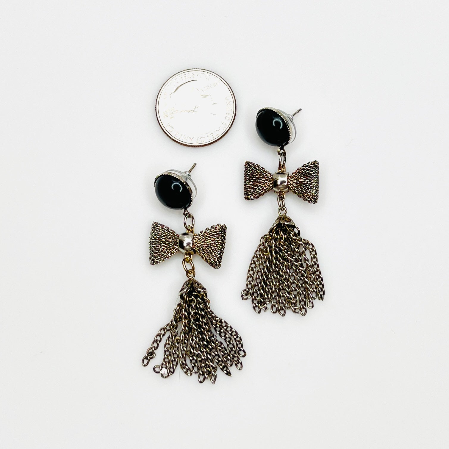 Vintage silver mesh bow tassel earrings with jet black acrylic studs and post backs