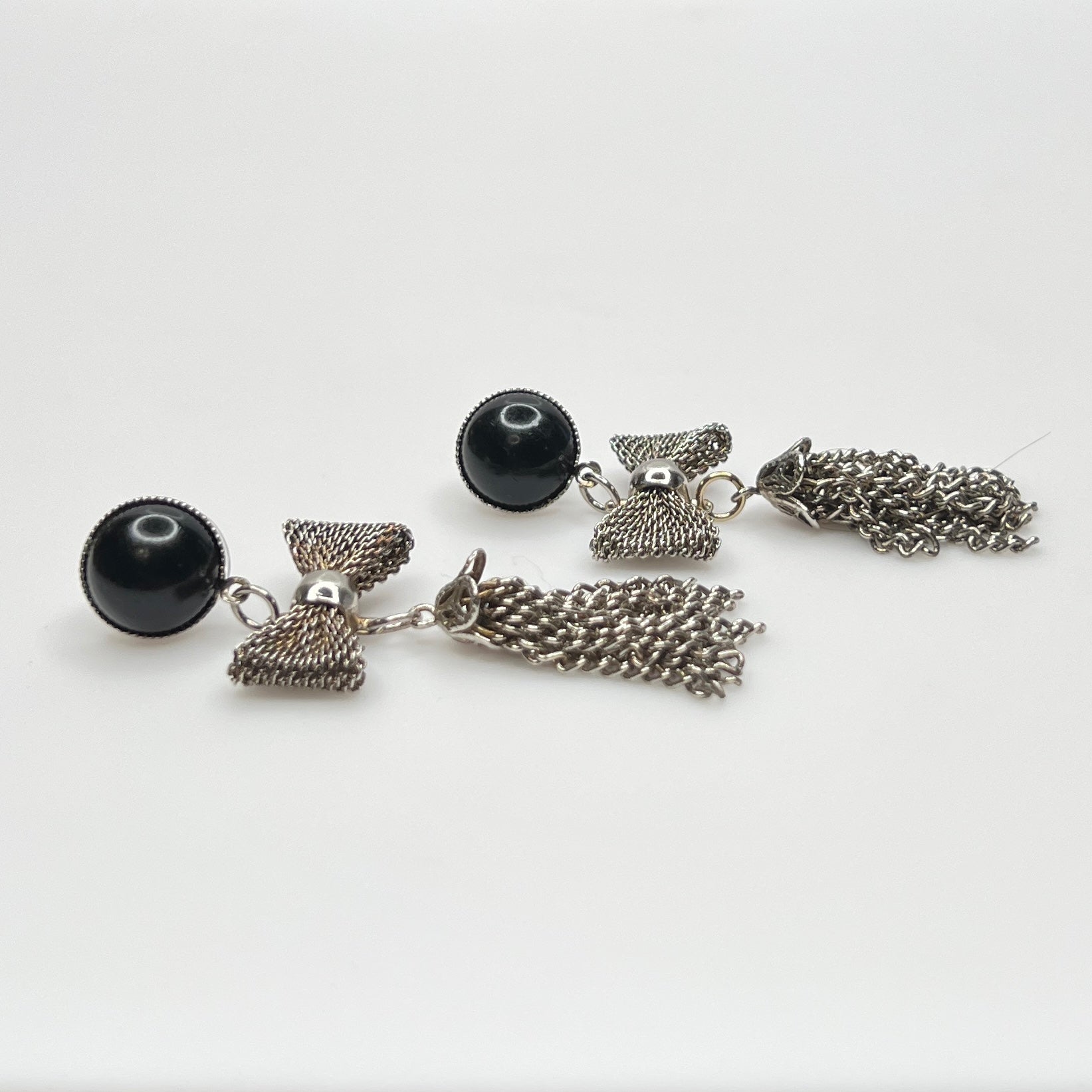 Vintage silver mesh bow tassel earrings with jet black acrylic studs and post backs