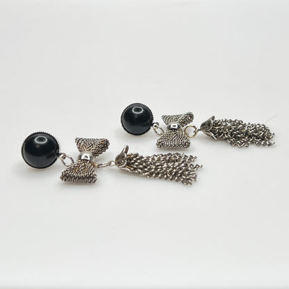 Vintage silver mesh bow tassel earrings with jet black acrylic studs and post backs