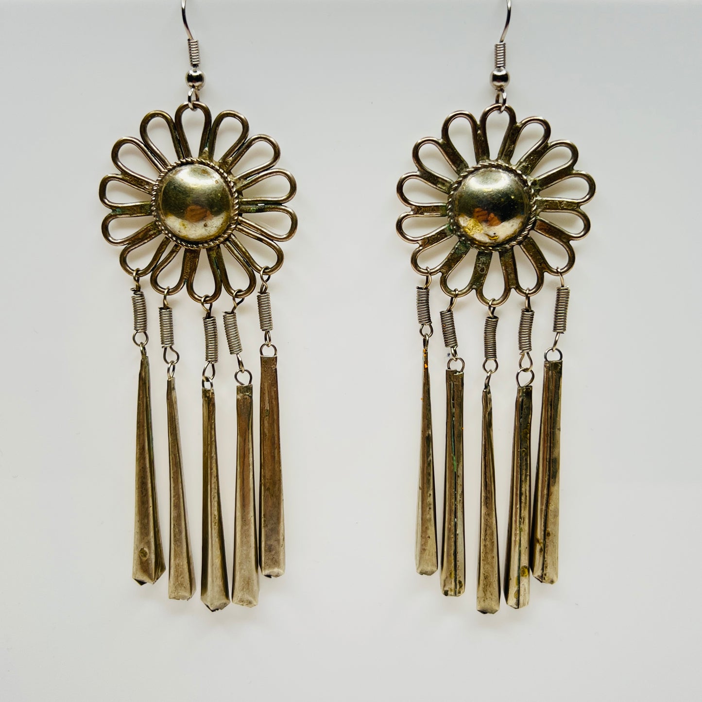 Vintage Miao silver tone flower dangle earrings with fringe drops