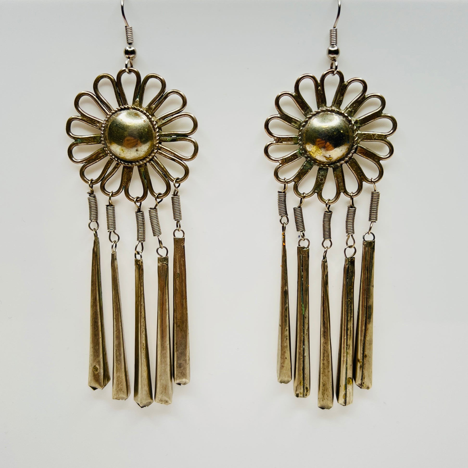 Vintage Miao silver tone flower dangle earrings with fringe drops