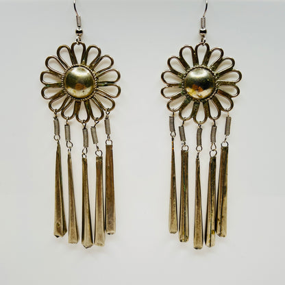 Vintage Miao silver tone flower dangle earrings with fringe drops