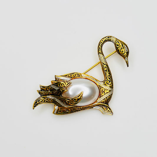 Vintage Spain Damascene swan brooch with faux pearl body and gold scrollwork