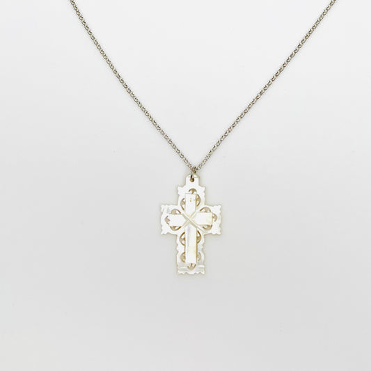 Vintage Bethlehem Mother of Pearl filigree cross pendant on sterling silver chain.