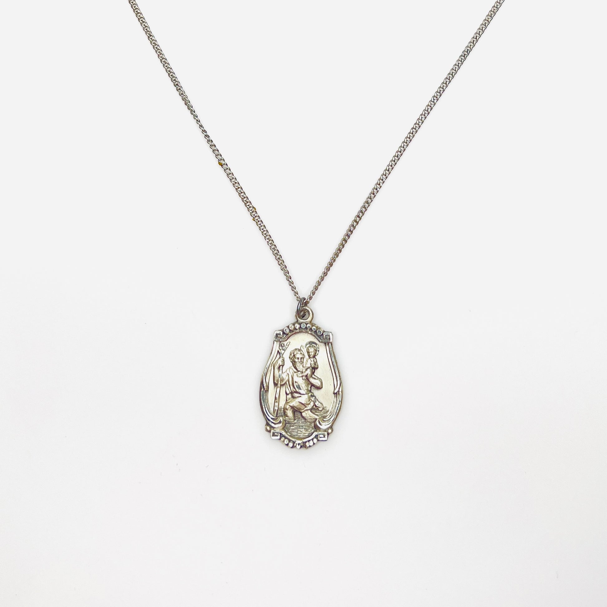 Vintage Hayward sterling silver St. Christopher medal necklace on sterling chain.